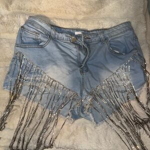 Hot & Delicious Light Blue Jean Shorts with Silver Fringe